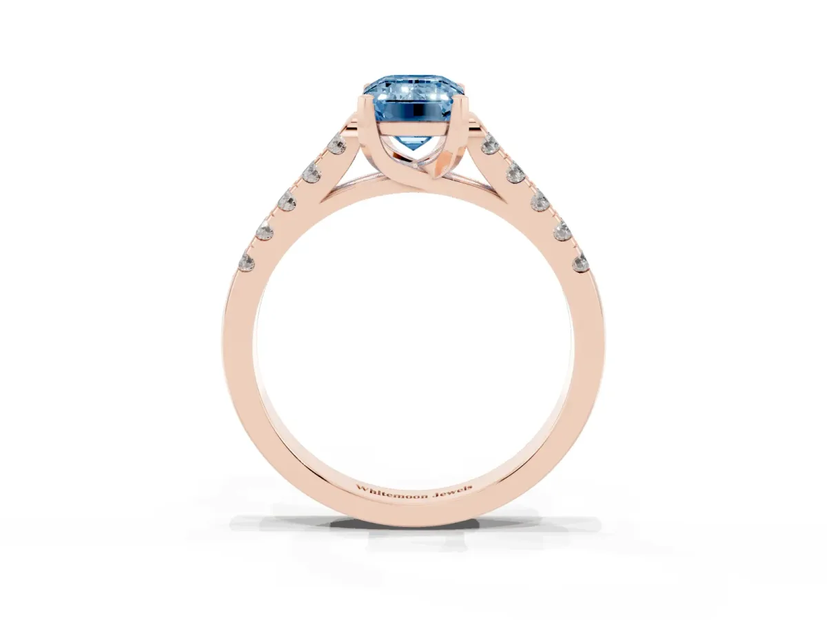 Fancy Blue Emerald Cut Diamond Pavé Band Solitaire Ring with Prong Setting Rose gold