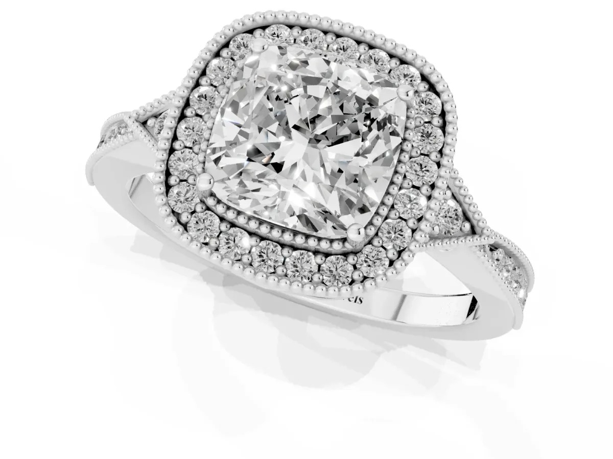 Cushion Cut Halo Round Diamond Milgrain Pave Engagement Ring Silver