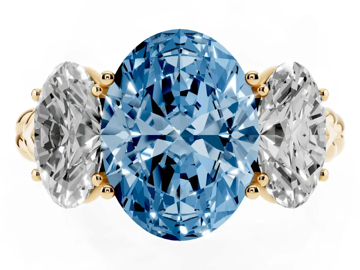 Fancy Blue Three-Stone Oval Cut Diamond Braided Band Ring with Four-Prong Setting Yellow gold
