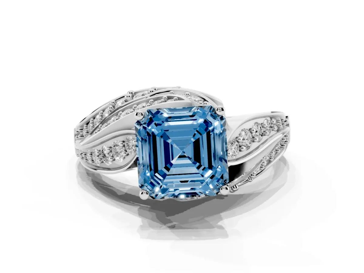 Fancy Blue Asscher Cut Diamond Solitaire Ring with Prong Setting and Twisted Pavé Band Silver