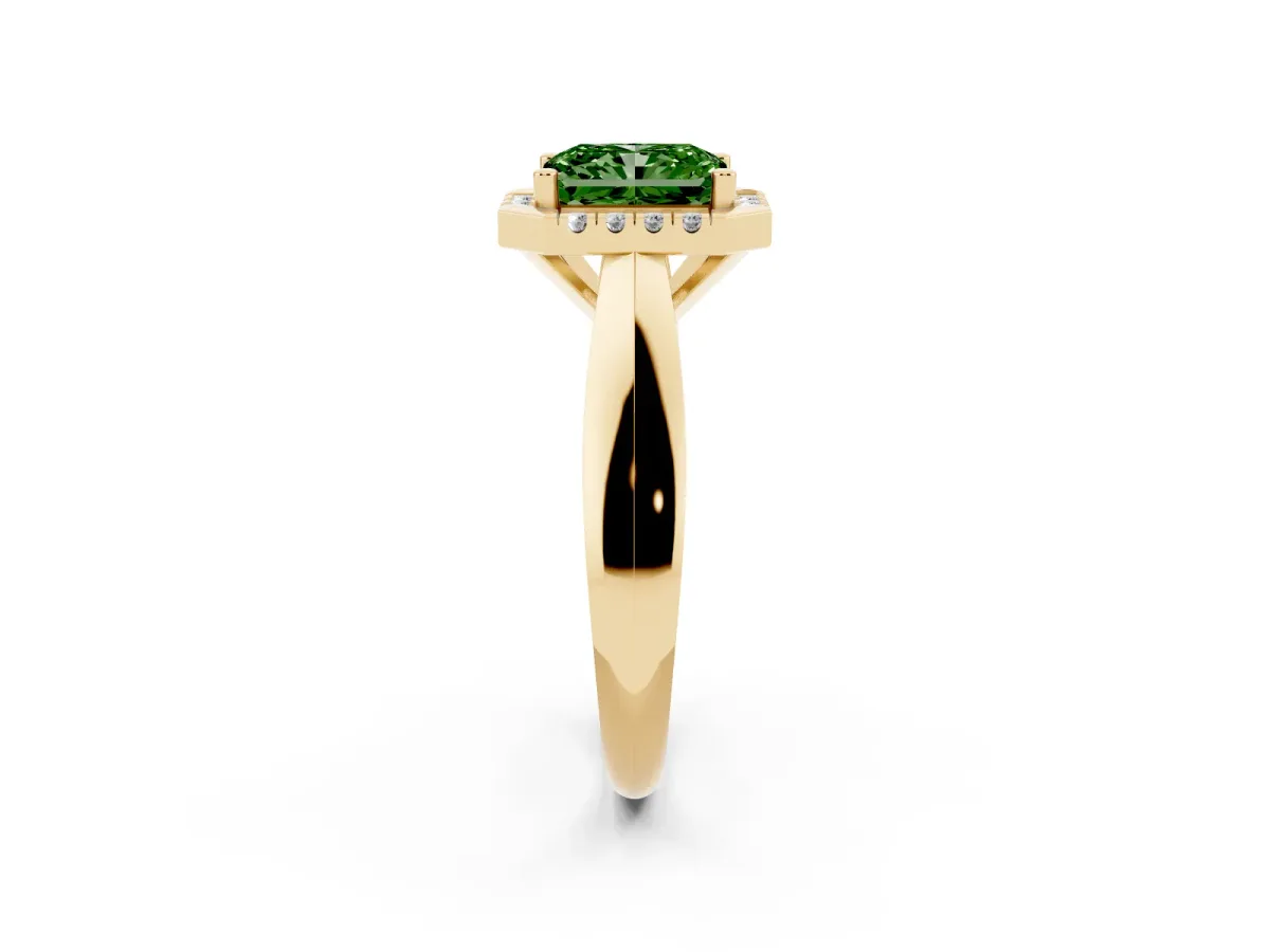 Fancy Green Radiant Cut Cut Halo Solitaire Engagement Ring with Square Band and Four-Prong Setting Yellow gold