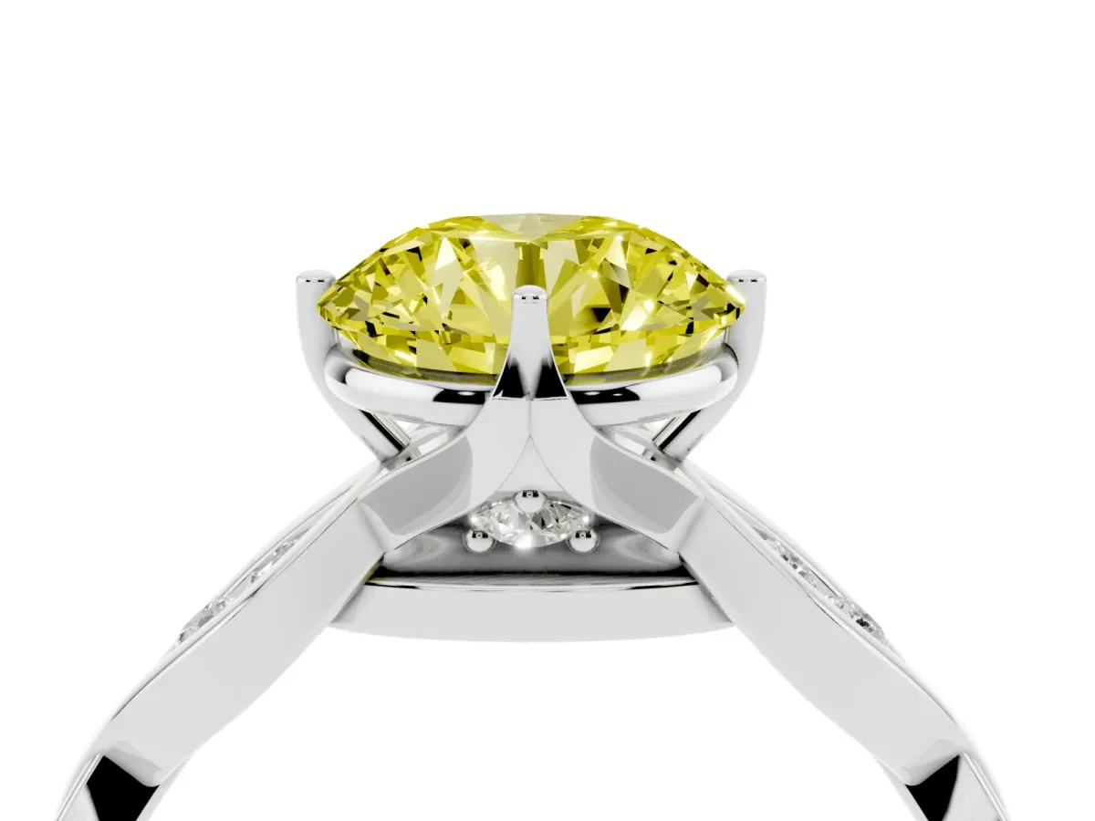 Fancy Yellow Round Cut Solitaire Twist Band with Leaf Prong Setting Platinum