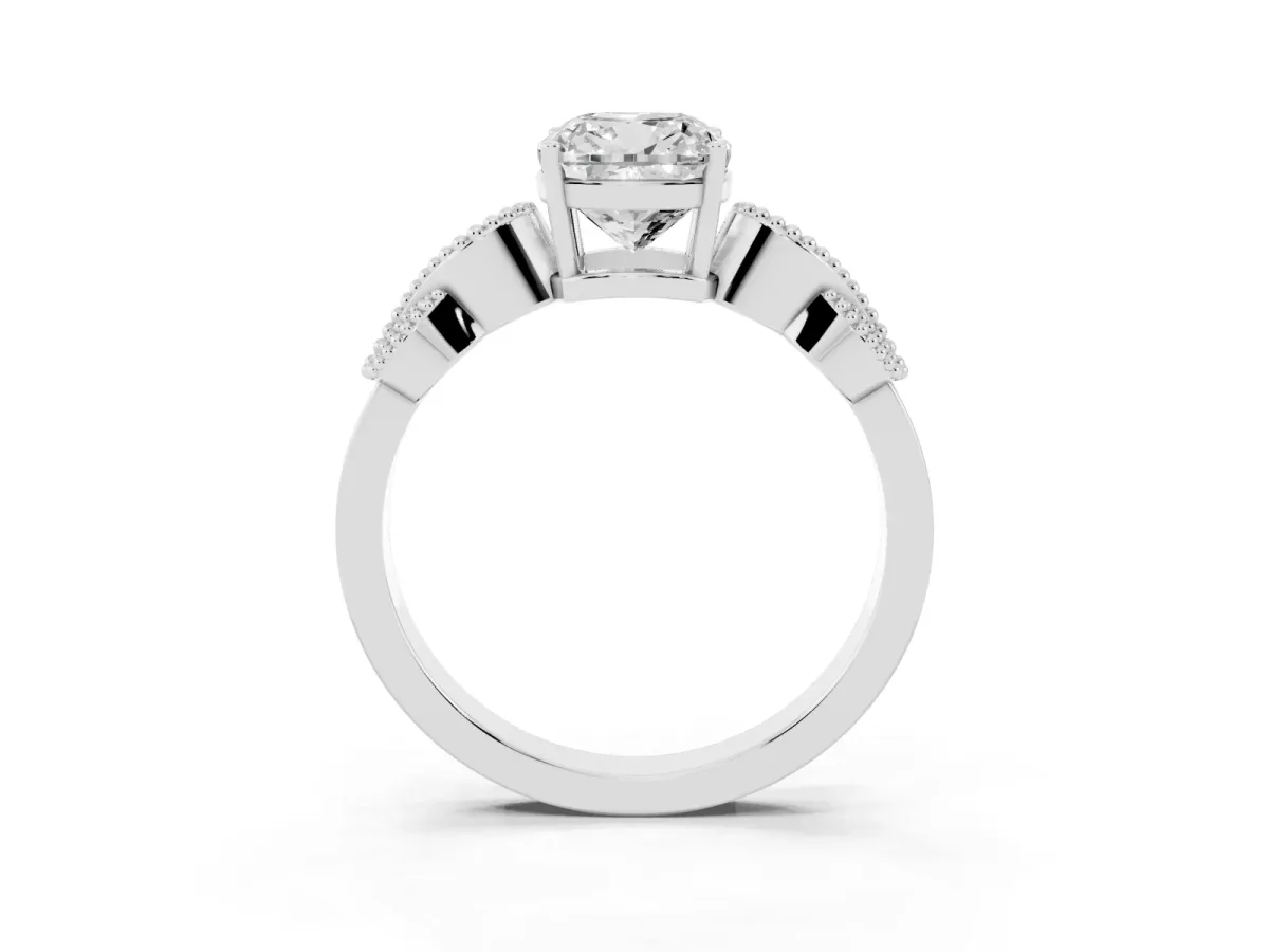 Cushion Cut Solitaire Milgrain Leaf Band with Prong Setting White gold