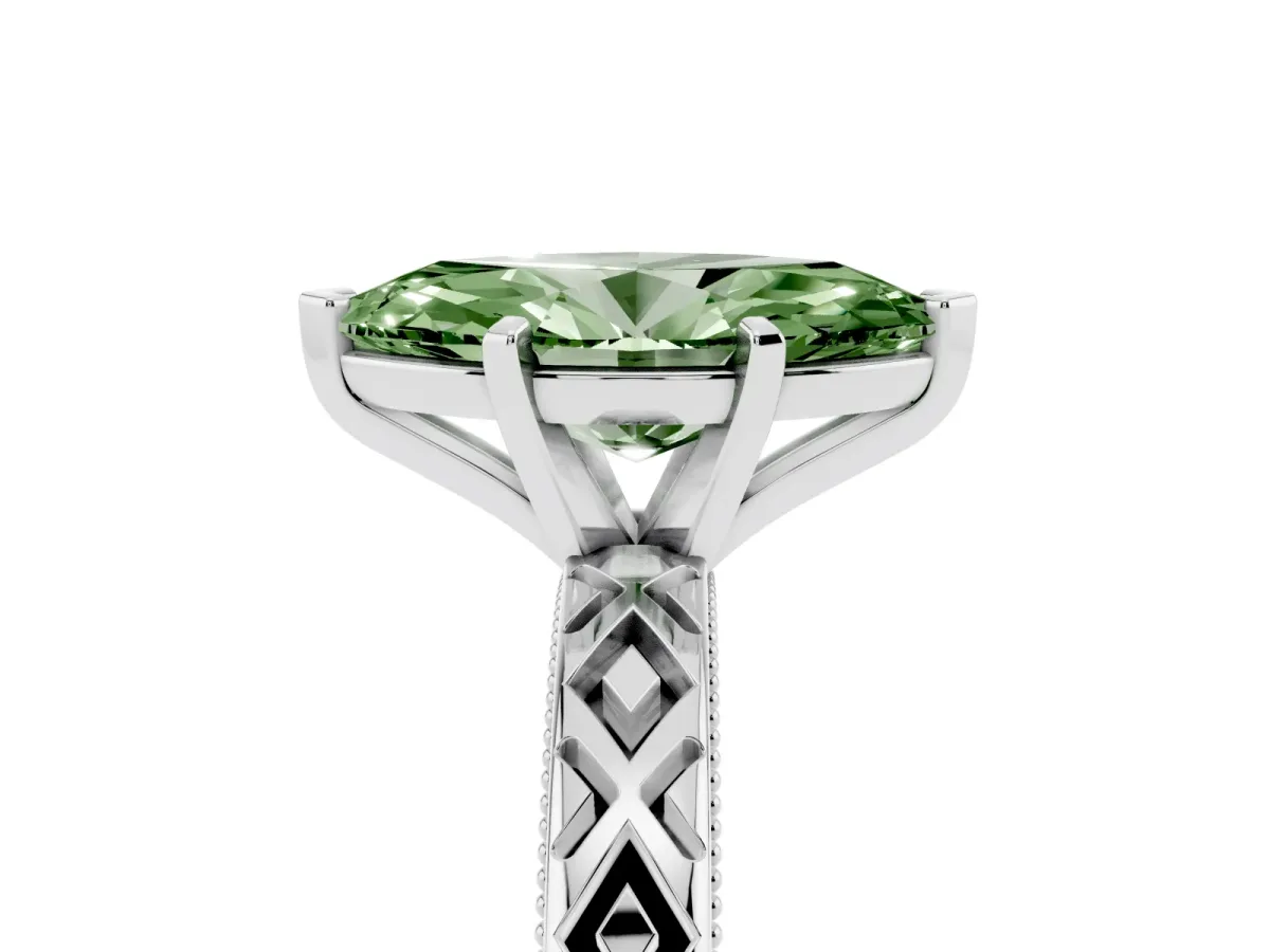 Fancy Green Marquise Cut Solitaire Diamond Ring with Milgrain and Black Enamel X Pattern Band Silver