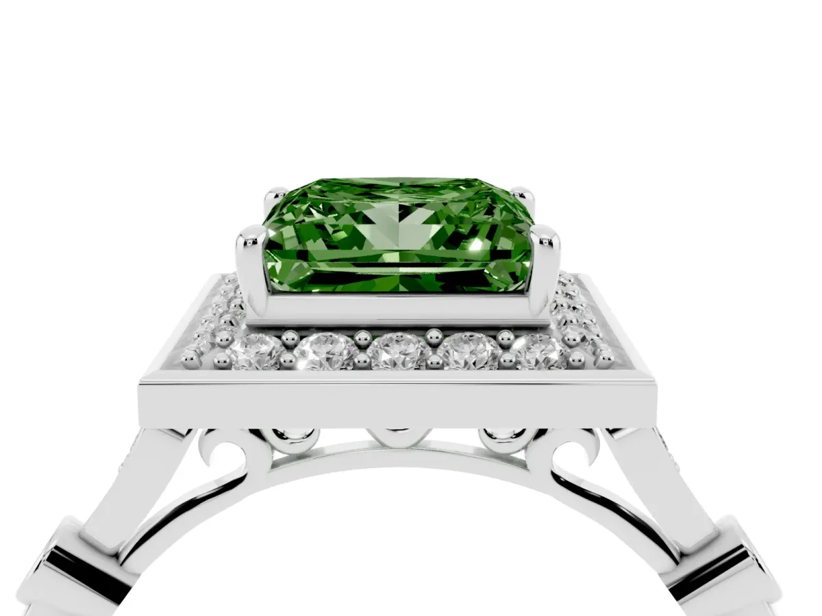 Fancy Green Princess Cut Halo Diamond Engagement Ring with Twisted Band and Four-Prong Setting White gold