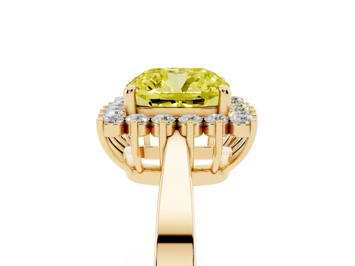 Fancy Yellow Cushion Cut Cut Diamond Halo Ring with Round Brilliant Halo and Solitaire Band Yellow gold