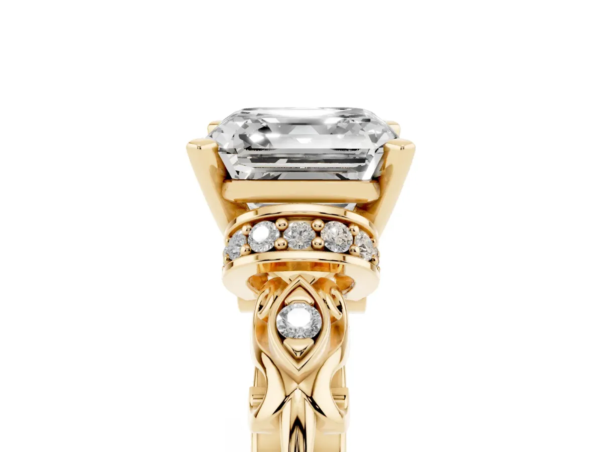 Asscher Cut Diamond Solitaire Ring with Filigree Band and Four-Prong Setting Yellow gold