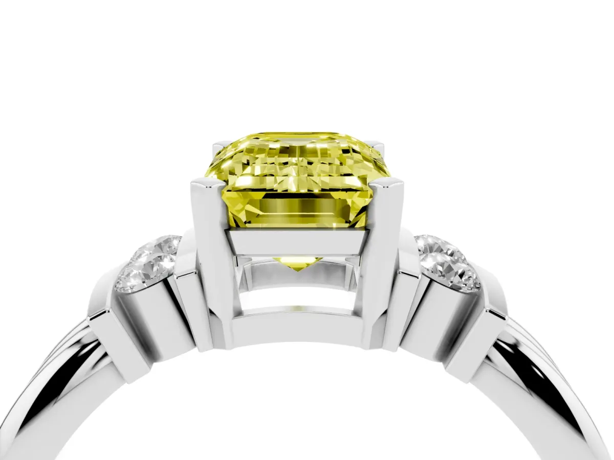 Fancy Yellow Emerald Cut Cut Three-Stone Channel Set Ring with Bar Prongs Platinum