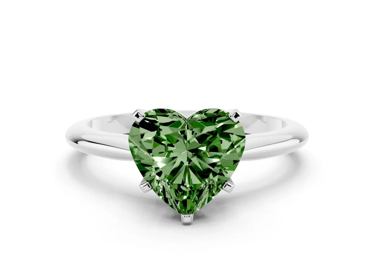 Fancy Green Heart Cut Cut Solitaire Ring with Four-Prong Setting on a Classic Band Platinum