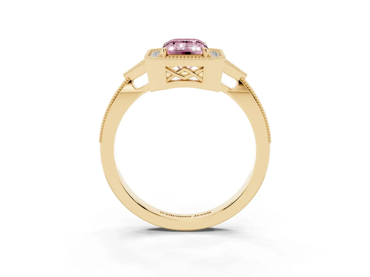 Fancy Pink Emerald Cut Halo Round Diamond Milgrain Pave Engagement Ring Yellow gold