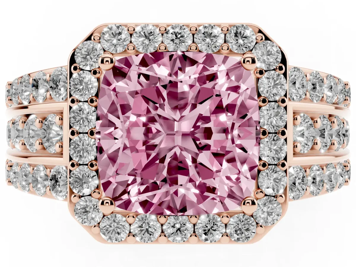 Fancy Pink Cushion Cut Halo Diamond Ring with Round Split Shank and Prong Setting Rose gold