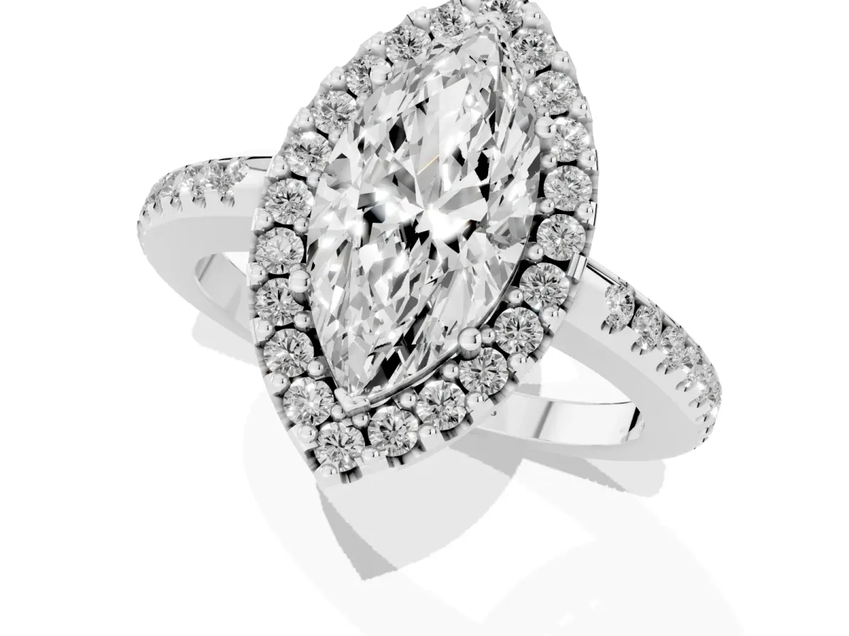 Marquise Cut Diamond Pavé Halo Ring with Four-Prong Setting Platinum