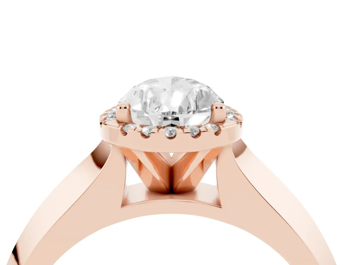 Pear Cut Halo Diamond Ring with Cathedral Band and Four-Prong Setting Rose gold