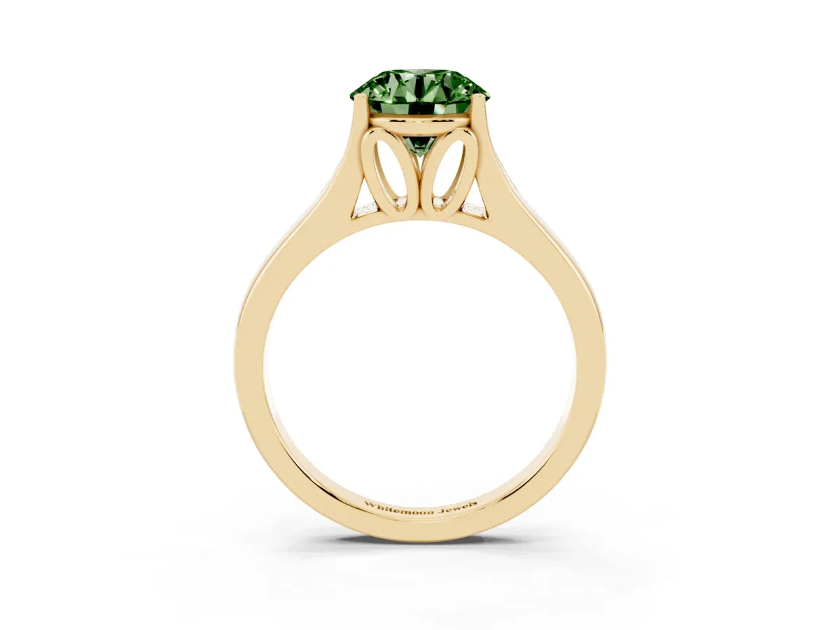 Fancy Green Round Cut Solitaire Diamond Ring with Cathedral Band and Four-Prong Setting Yellow gold