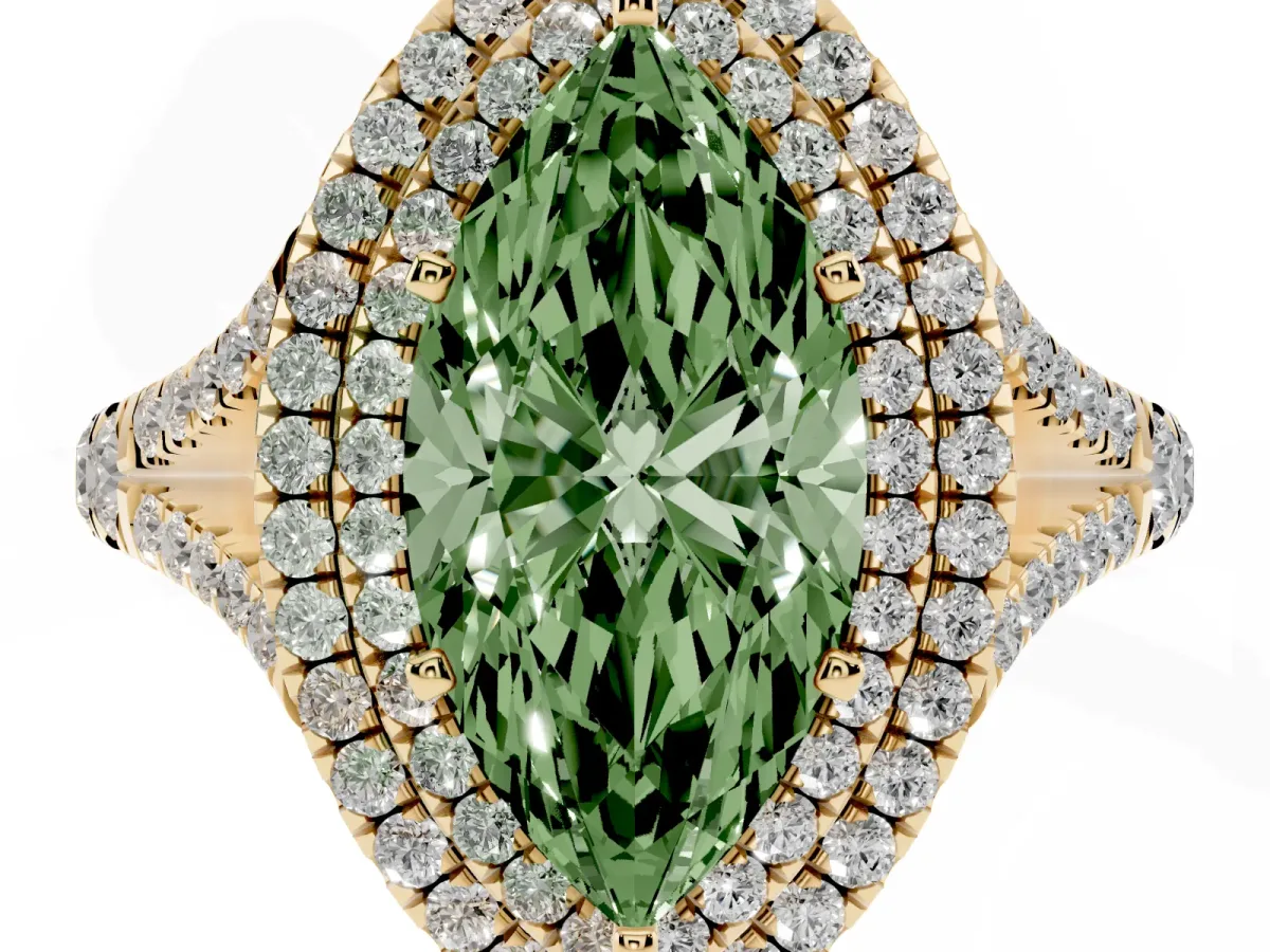 Fancy Green Marquise Cut Diamond Pavé Split Shank Double Halo Engagement Ring Yellow gold