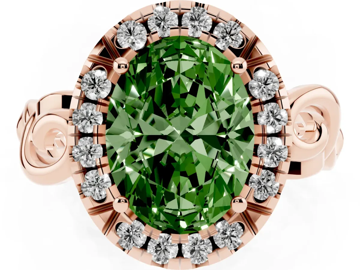 Fancy Green Oval Cut Cut Halo Diamond Ring with Scrollwork Band and Four-Prong Setting Rose gold