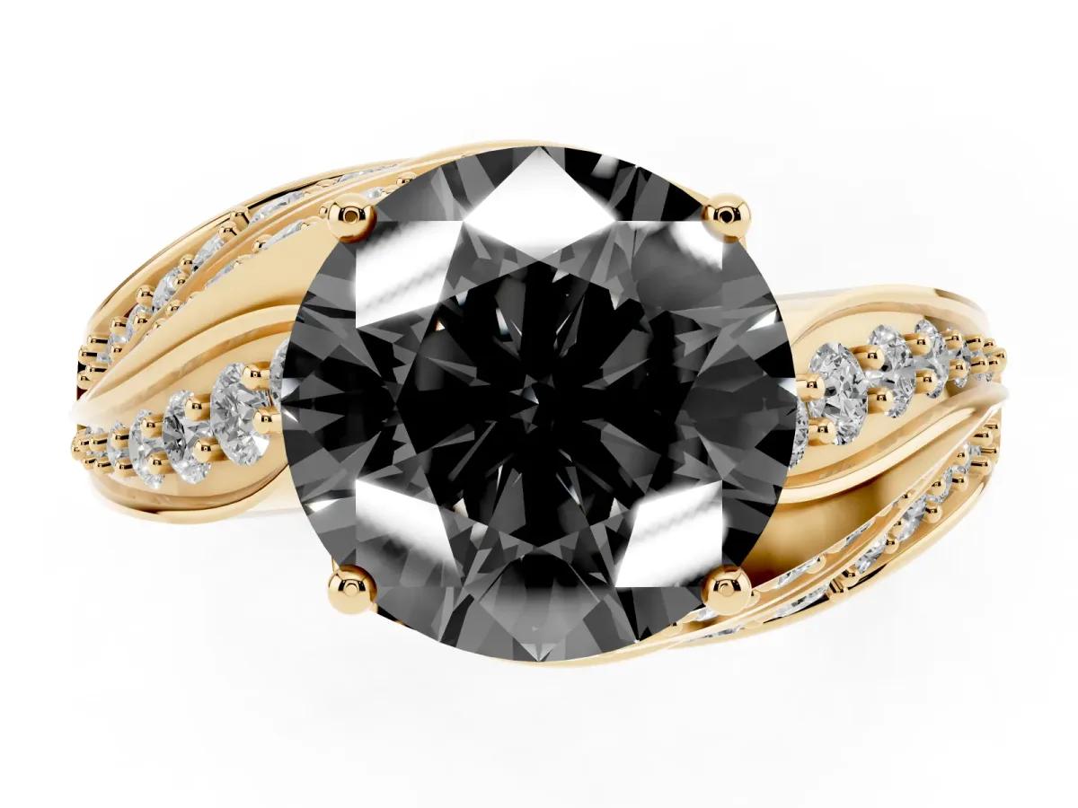 Fancy Black Round Cut Diamond Solitaire Ring with Prong Setting and Twisted Pavé Band Yellow gold