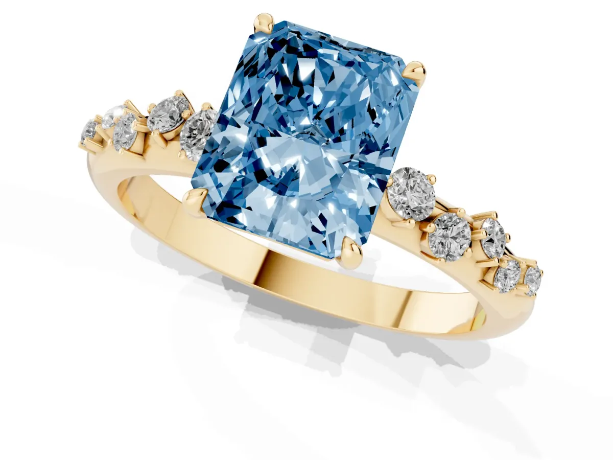 Fancy Blue Radiant Cut Diamond Cluster Prong-Set Solitaire Ring Yellow gold