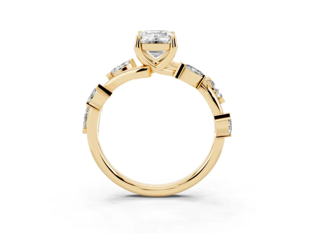 Emerald Cut Solitaire Twisted Band Marquise Accent Prong Setting Ring Yellow gold