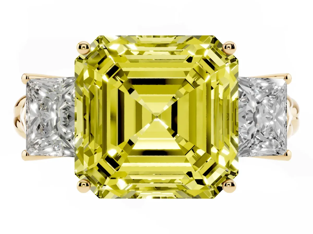 Fancy Yellow Three-Stone Asscher Cut Diamond Braided Band Ring with Four-Prong Setting Yellow gold