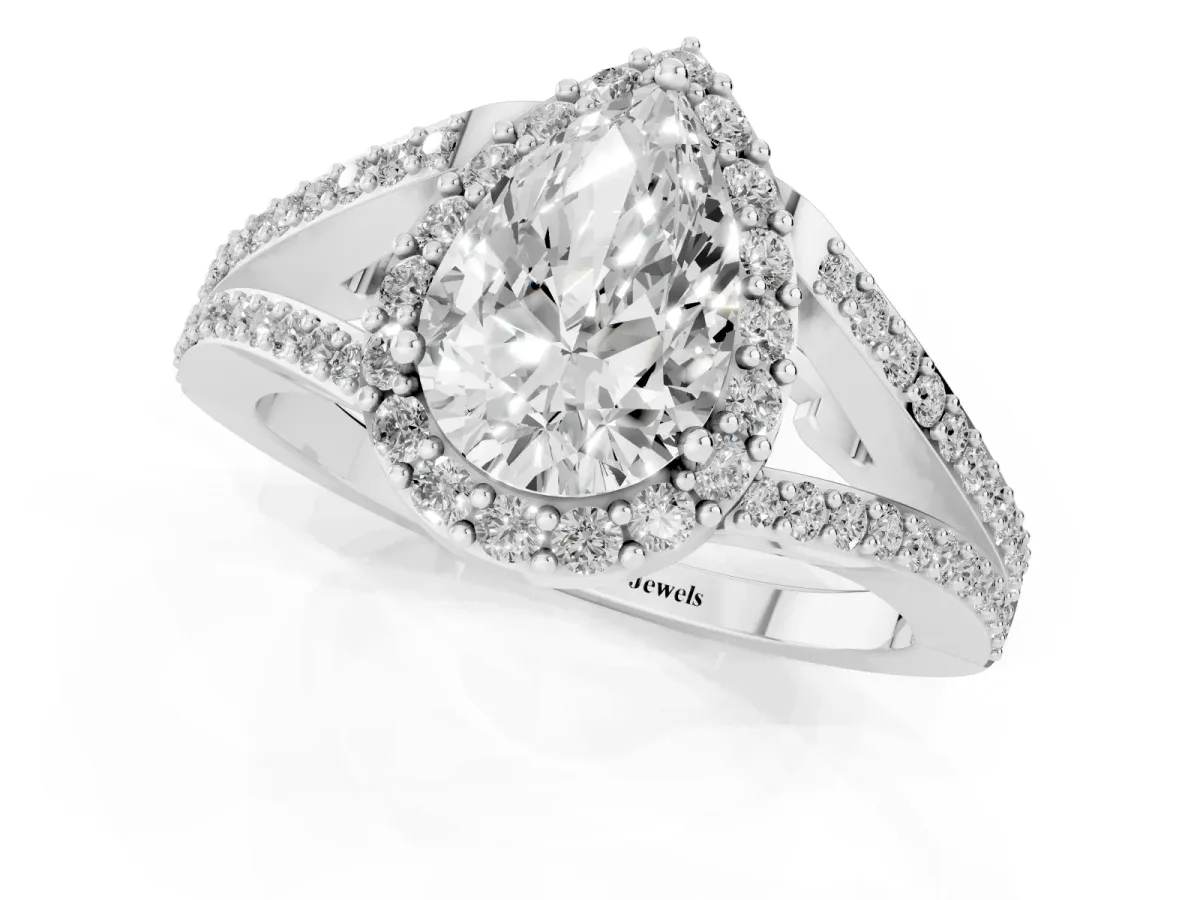 Pear Cut Halo Split Shank Pave Diamond Ring with Four-Prong Setting White gold