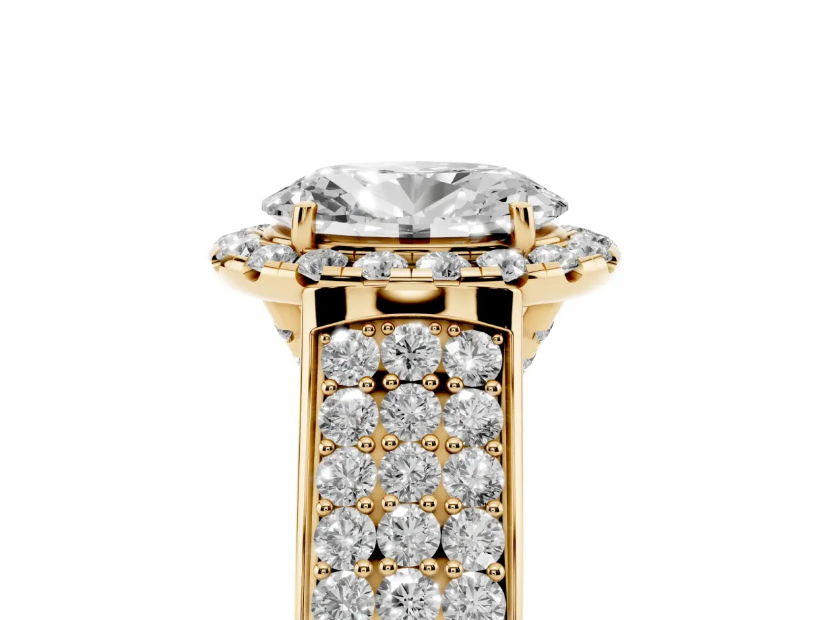 Oval Cut Halo Round Diamond Pave Band with Prong Setting Yellow gold