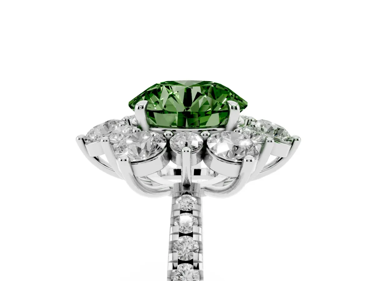 Fancy Green Round Cut Diamond Floral Halo Ring with Round Pavé Band and Prong Setting Silver
