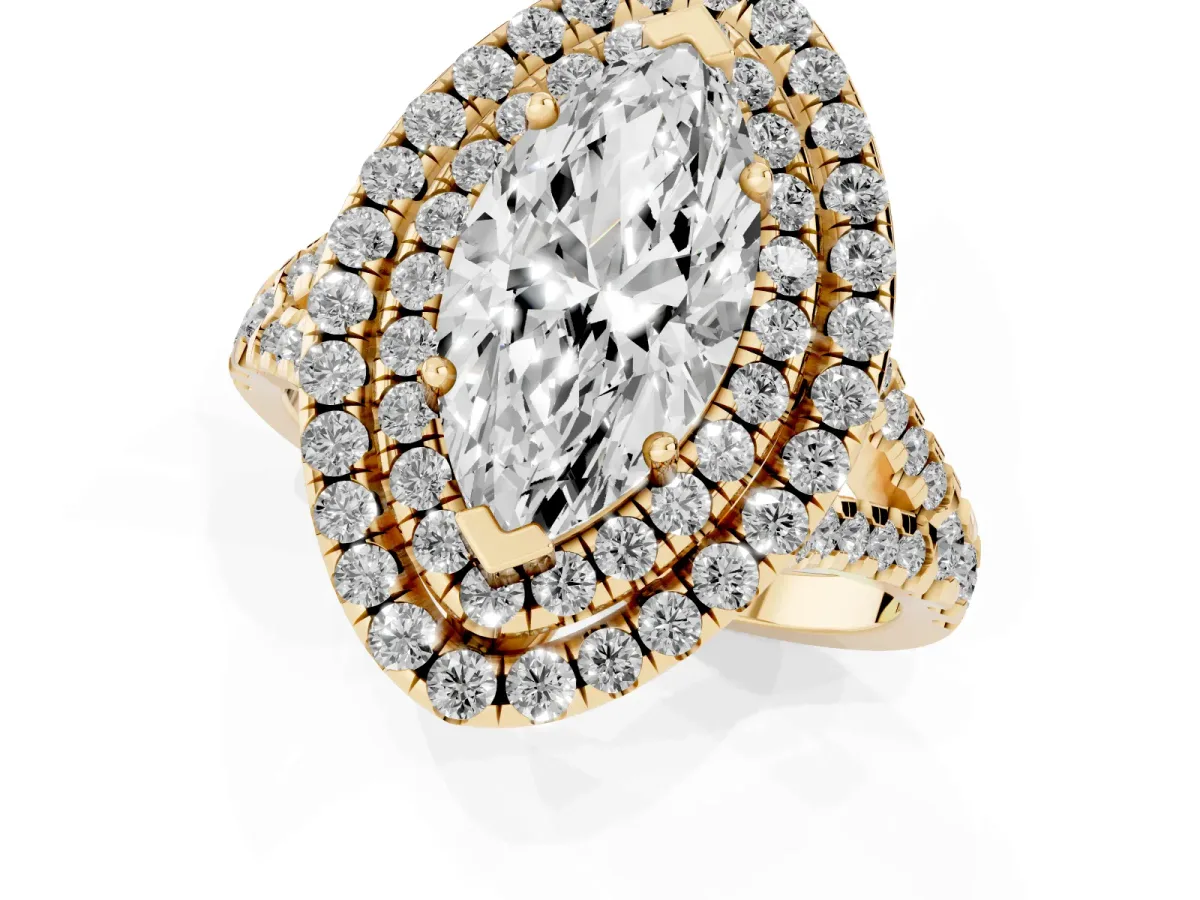 Double Halo Marquise Cut Diamond Pavé Split Shank Ring with Prong Setting Yellow gold