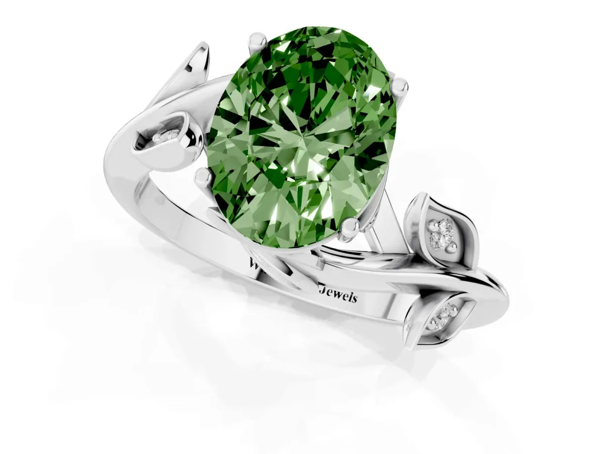 Fancy Green Oval Cut Solitaire Twist Engagement Ring with Leaf Accents and Prong Setting Silver