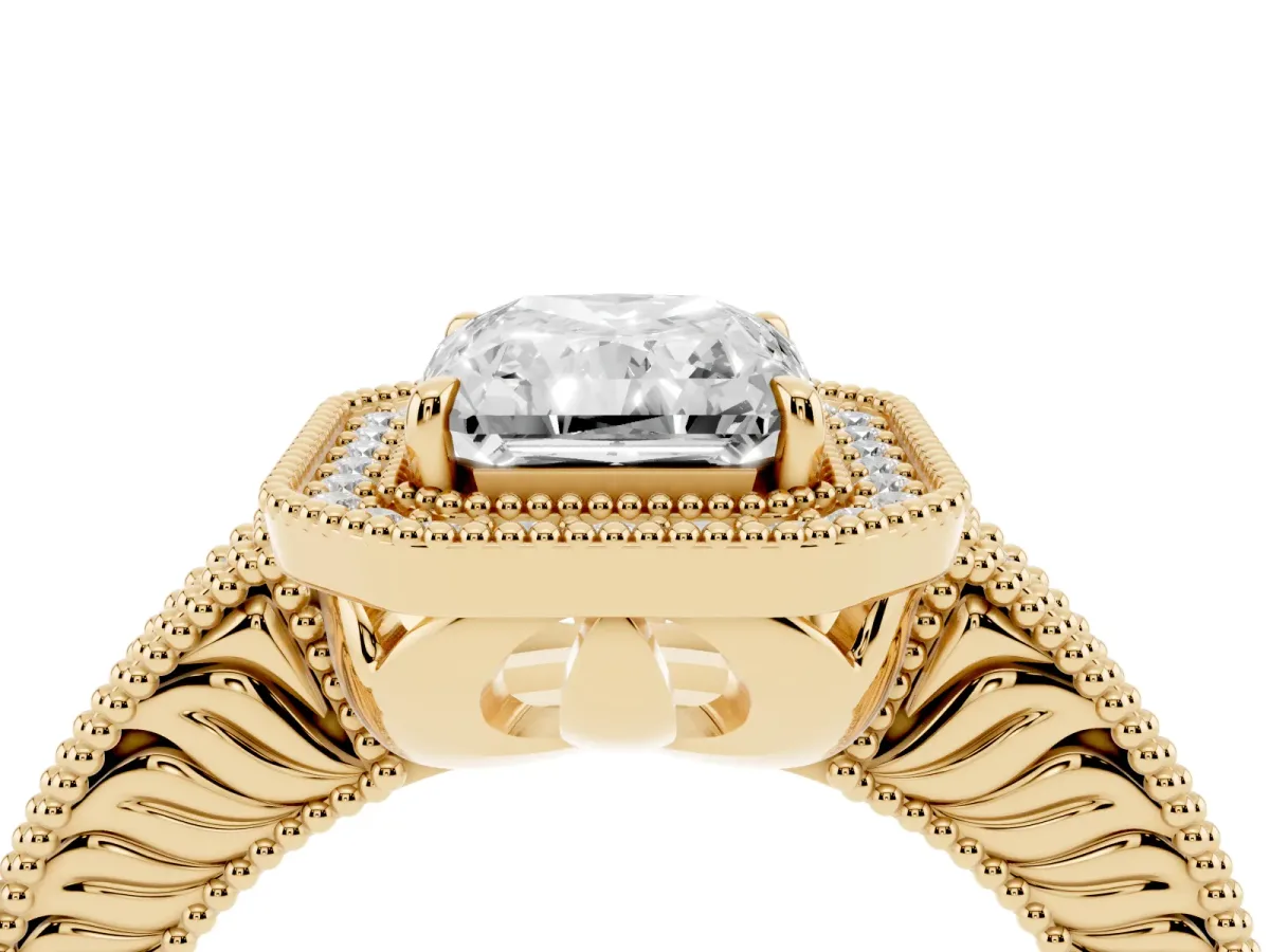 Radiant Cut Cut Halo Diamond Ring with Pavé Band and Four-Prong Setting Yellow gold