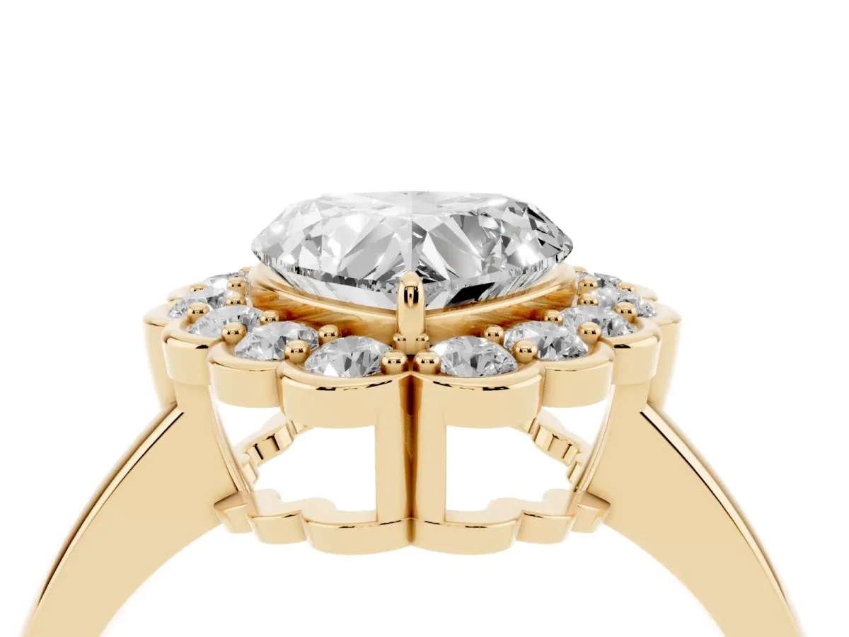 Heart Cut Halo Cluster Diamond Engagement Ring with Solitaire Band and Prong Setting Yellow gold