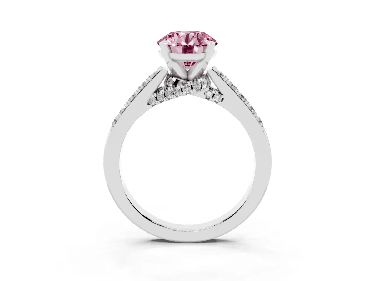 Fancy Pink Round Cut Diamond Solitaire Ring with Crossover Gallery and Round Pavé Band Silver