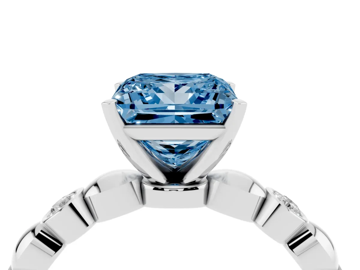 Fancy Blue Princess Cut Solitaire Bezel-Set Diamond Ring with Beaded Band and Four-Prong Setting Silver