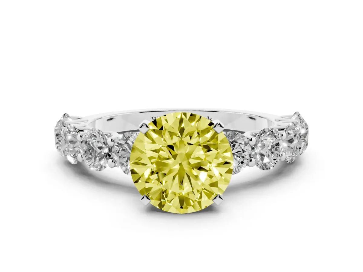 Fancy Yellow Round Cut Diamond Prong Setting with Side Stones on a Pave Band Platinum