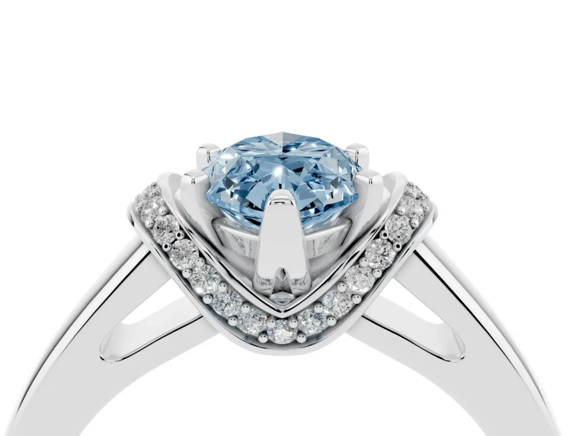 Fancy Blue Marquise Cut Solitaire Diamond Ring with Pave Band and Six-Prong Setting Silver