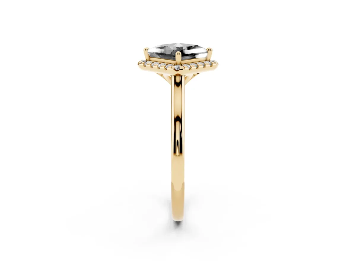 Fancy Black Princess Cut Halo Round Diamond Solitaire Engagement Ring with Pave Band and Four-Prong Setting Yellow gold