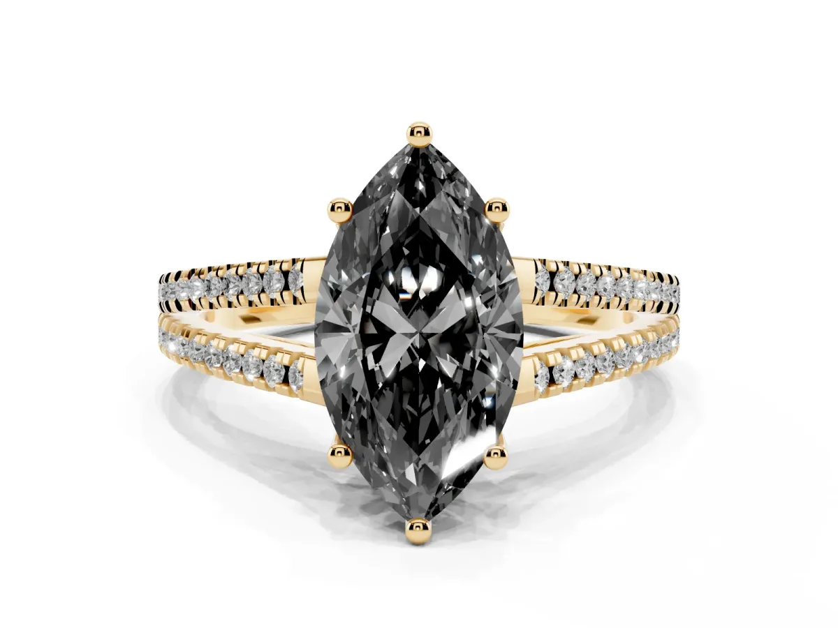 Fancy Black Marquise Cut Diamond Solitaire Engagement Ring with Split Shank Pavé Band Yellow gold