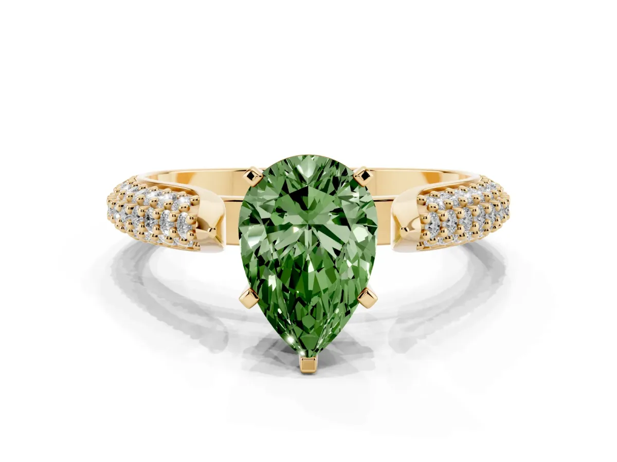 Fancy Green Pear Cut Diamond Solitaire Engagement Ring with Multi-Row Round Pavé Band and Prong Setting Yellow gold