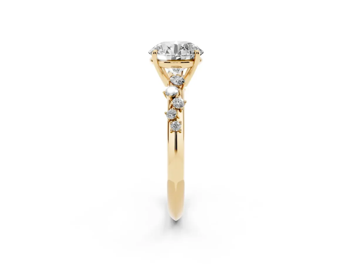 Round Cut Diamond Cluster Side Stone Solitaire Ring with Prong Setting Yellow gold