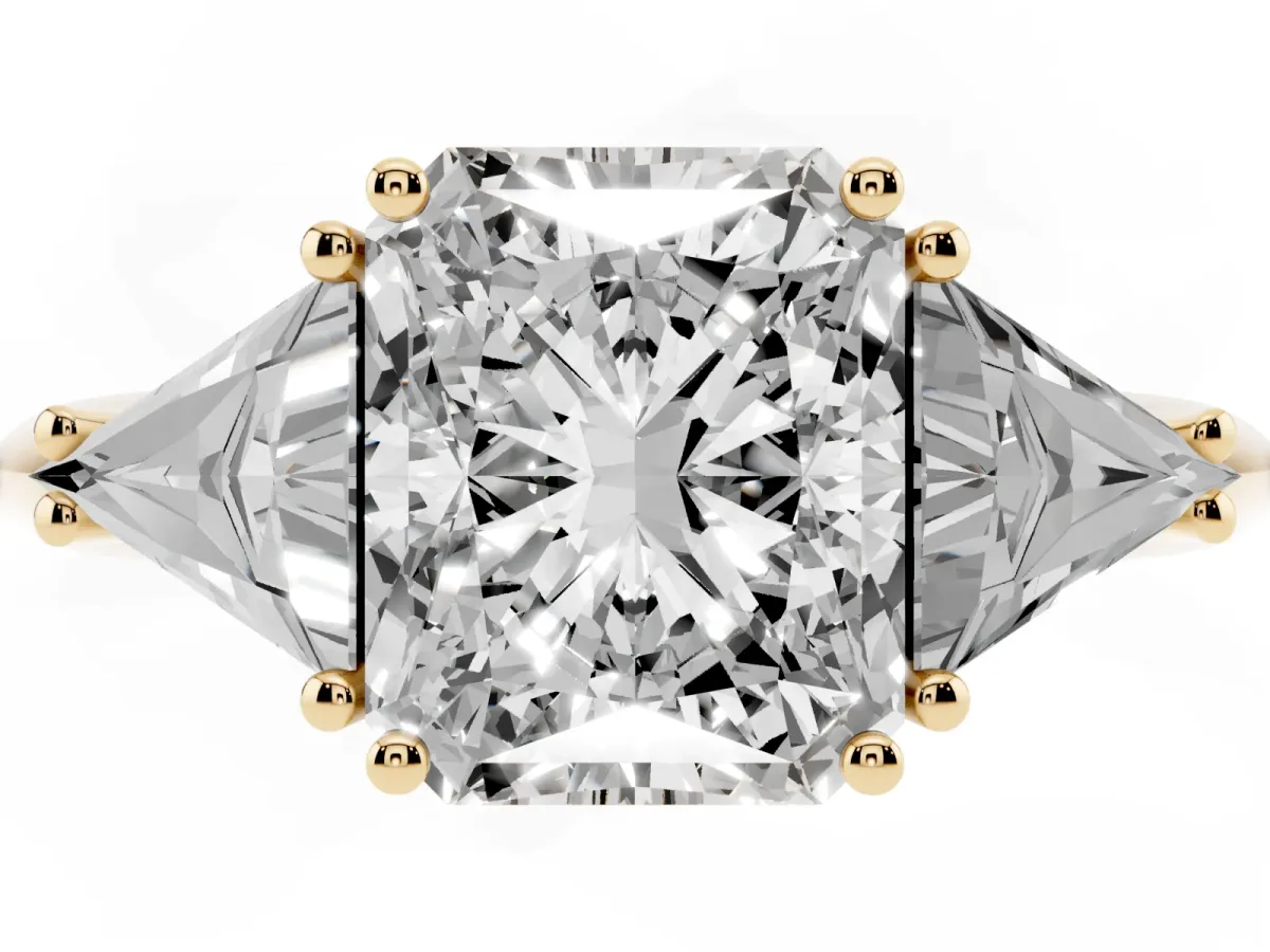 Three-Stone Radiant Cut Diamond Engagement Ring with Trillion Side Stones and Prong Setting Yellow gold