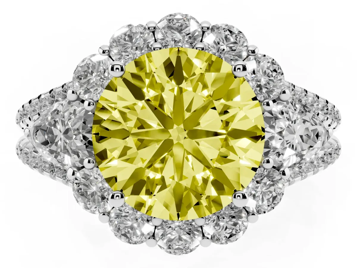 Fancy Yellow Round Cut Halo Split Shank Diamond Engagement Ring with Prong Setting Silver