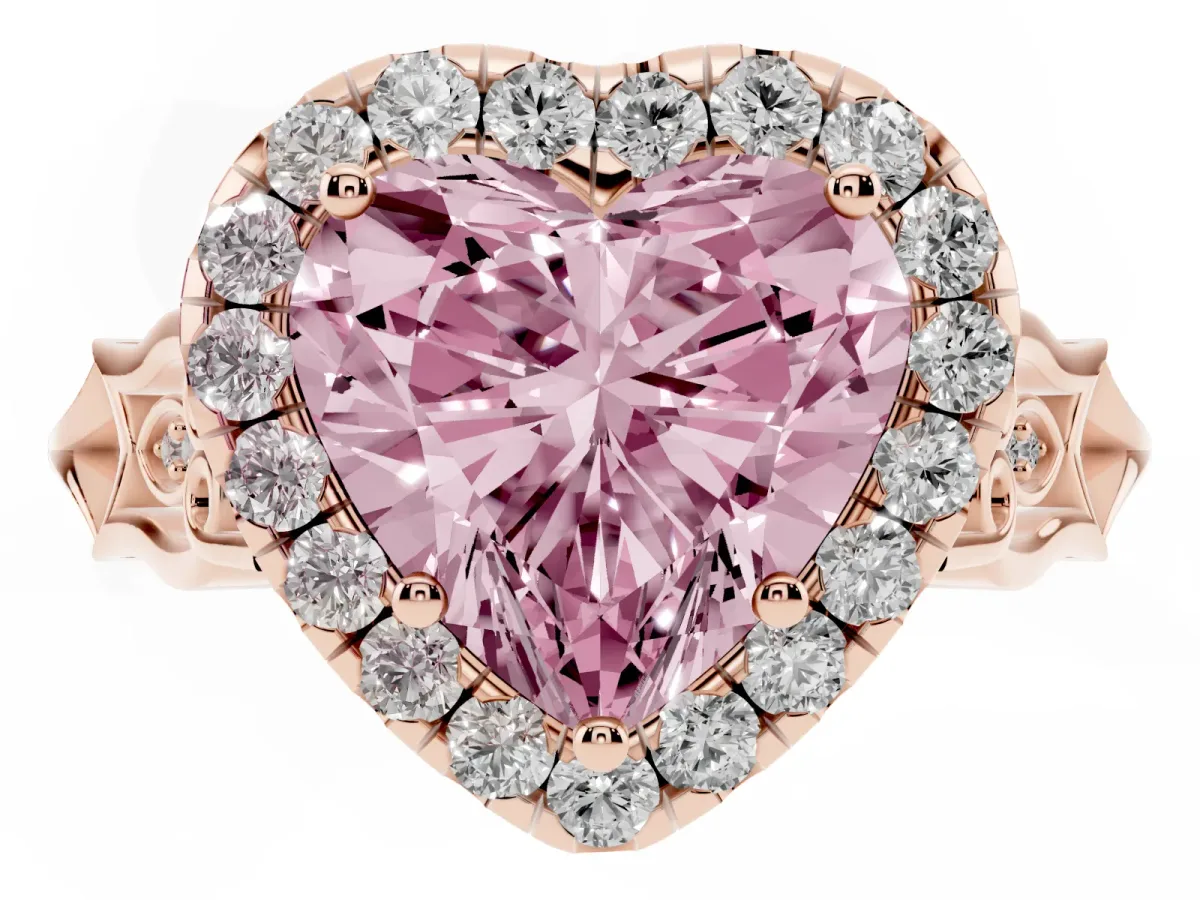 Fancy Pink Heart Cut Halo Diamond Engagement Ring with Filigree Band and Four-Prong Setting Rose gold