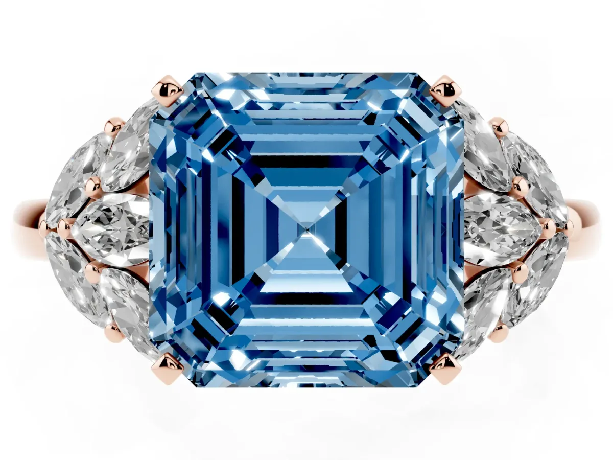 Fancy Blue Asscher Cut Diamond Cluster Leaf Design Ring with Prong Setting Rose gold