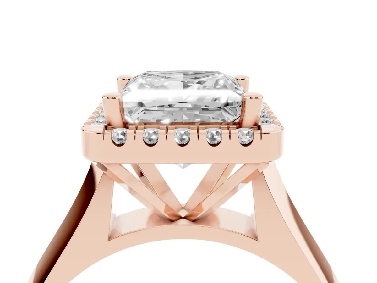 Princess Cut Cut Halo Solitaire Engagement Ring with Square Band and Four-Prong Setting Rose gold