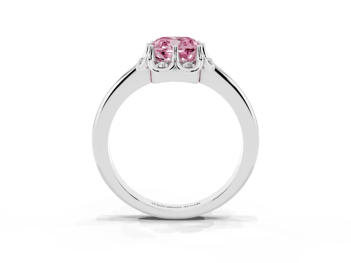 Fancy Pink Cushion Cut Halo Diamond Ring with Round Cluster Setting, Solitaire Band, and Four-Prong Setting Silver