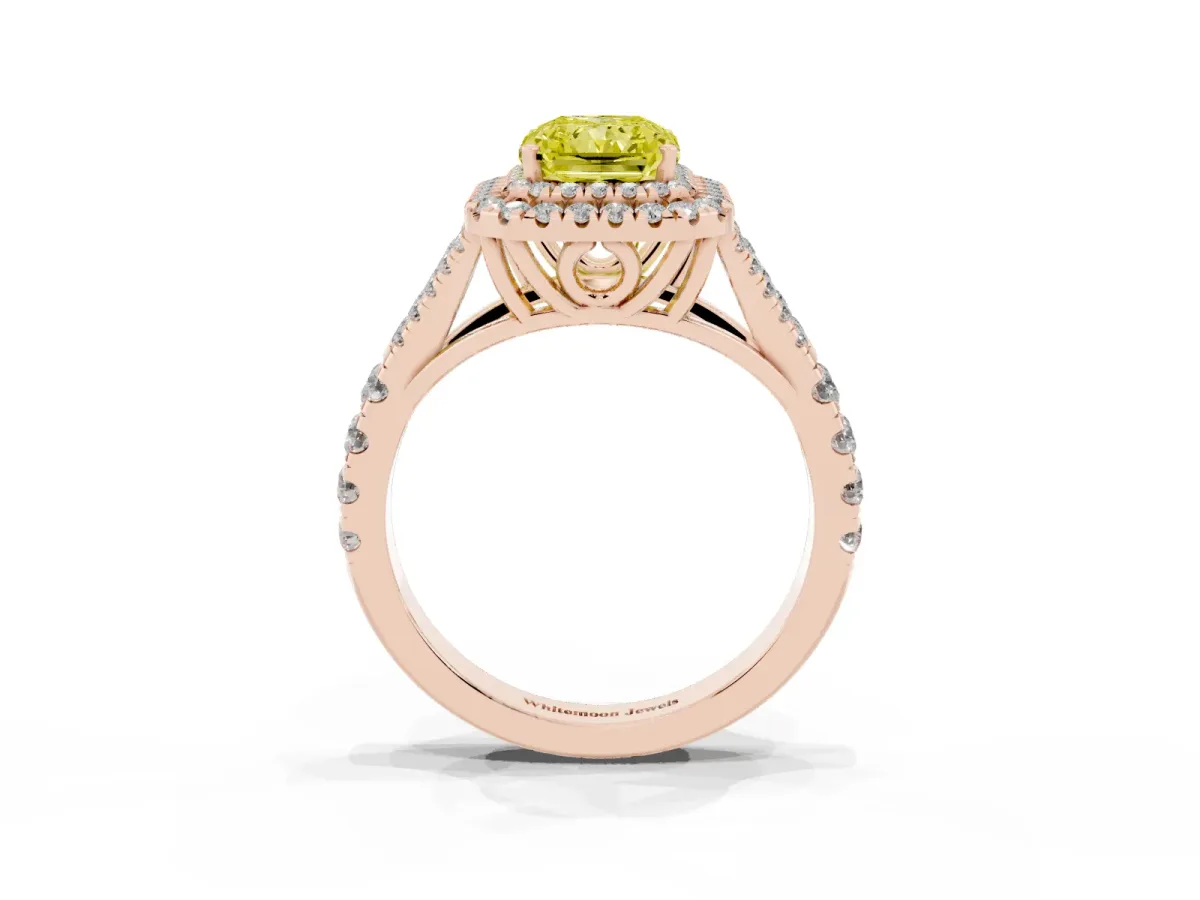Fancy Yellow Radiant Cut Cut Double Halo Split Shank Diamond Ring with Prong Setting Rose gold