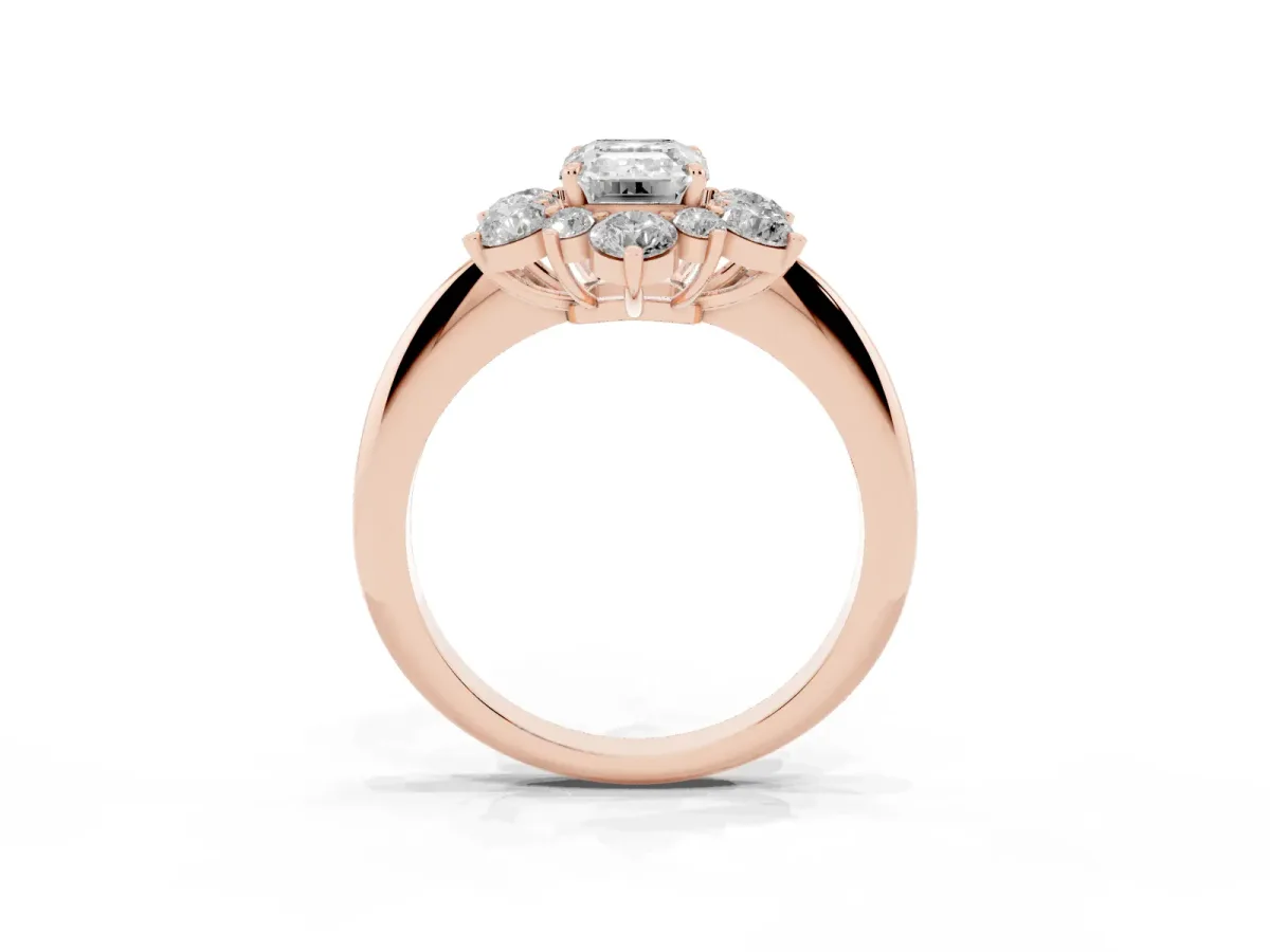 Emerald Cut Diamond Cluster Halo Ring with Solitaire Band and Four-Prong Setting Rose gold