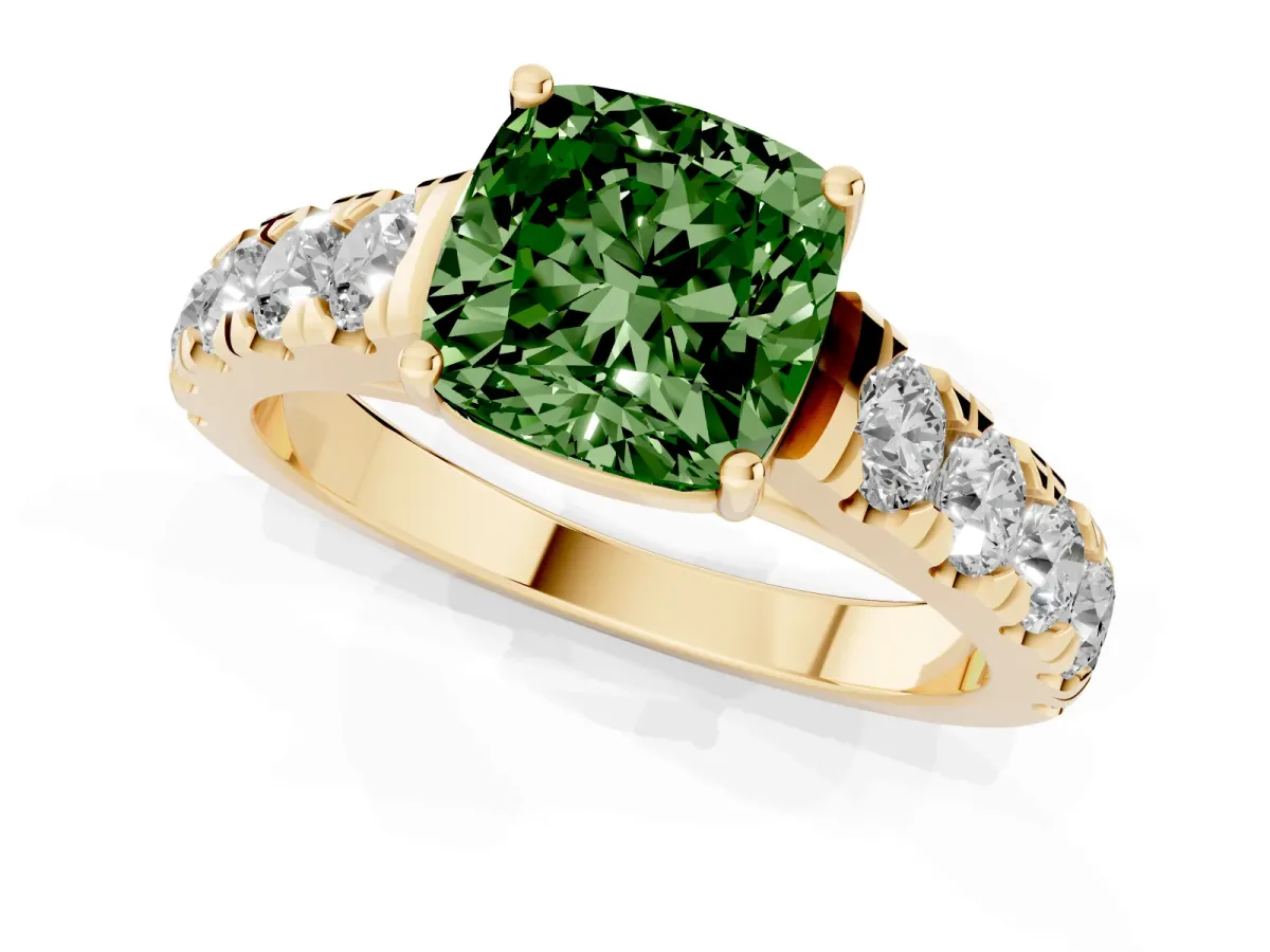 Fancy Green Cushion Cut Cut Diamond Solitaire Ring with Micro Pave Band and Prong Setting Yellow gold