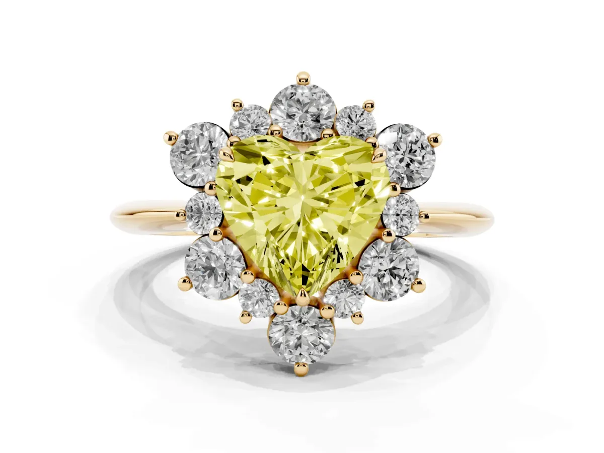 Fancy Yellow Heart Cut Diamond Cluster Halo Ring with Solitaire Band and Four-Prong Setting Yellow gold