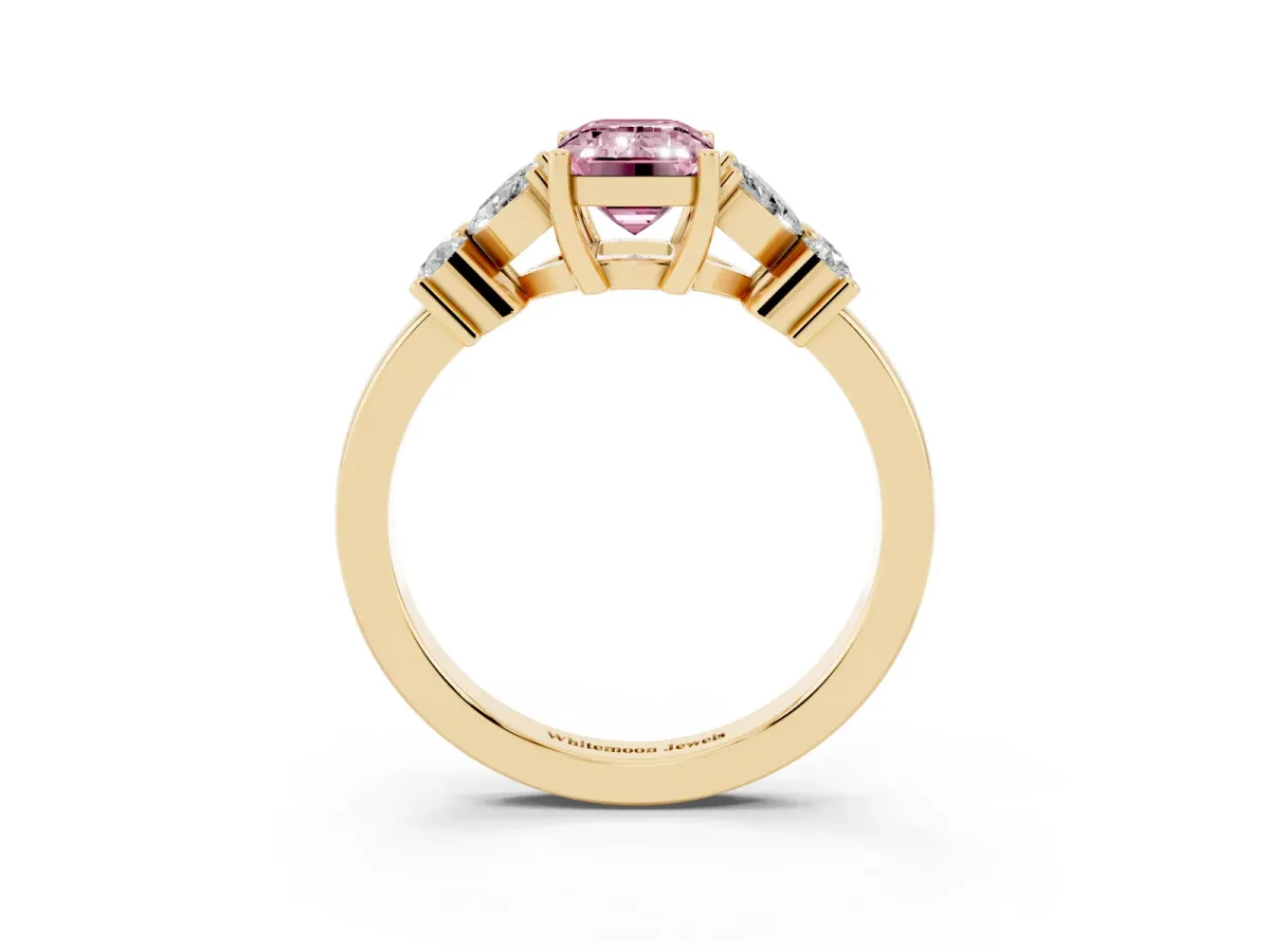 Fancy Pink Emerald Cut Diamond Floral Cluster Ring with Solitaire Band and Prong Setting Yellow gold